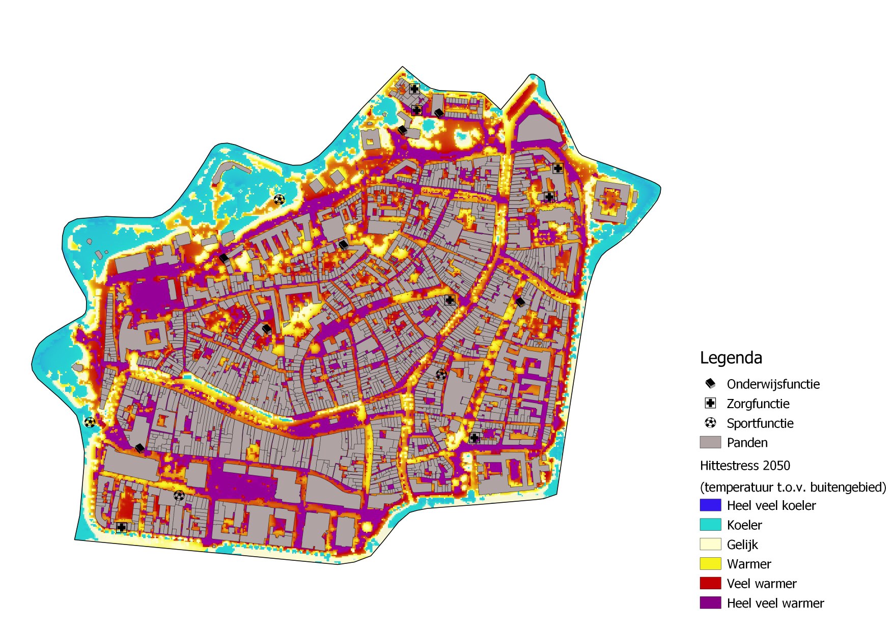 Hittestresskaart van de binnenstad van Leeuwarden