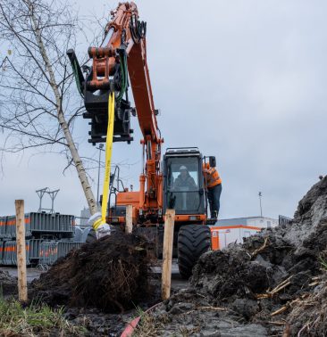 Wethouder Abel Reitsma plant bosk-boom in kraan op bedrijventerrein de Zwette