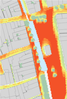 Kaartje met hittestress bij de Waag, voor het groene perkje was aangelegd.